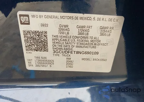 2022 Chevrolet Silverado 1500 from USA, damaged, VIN 3GCUDFET8NG690109